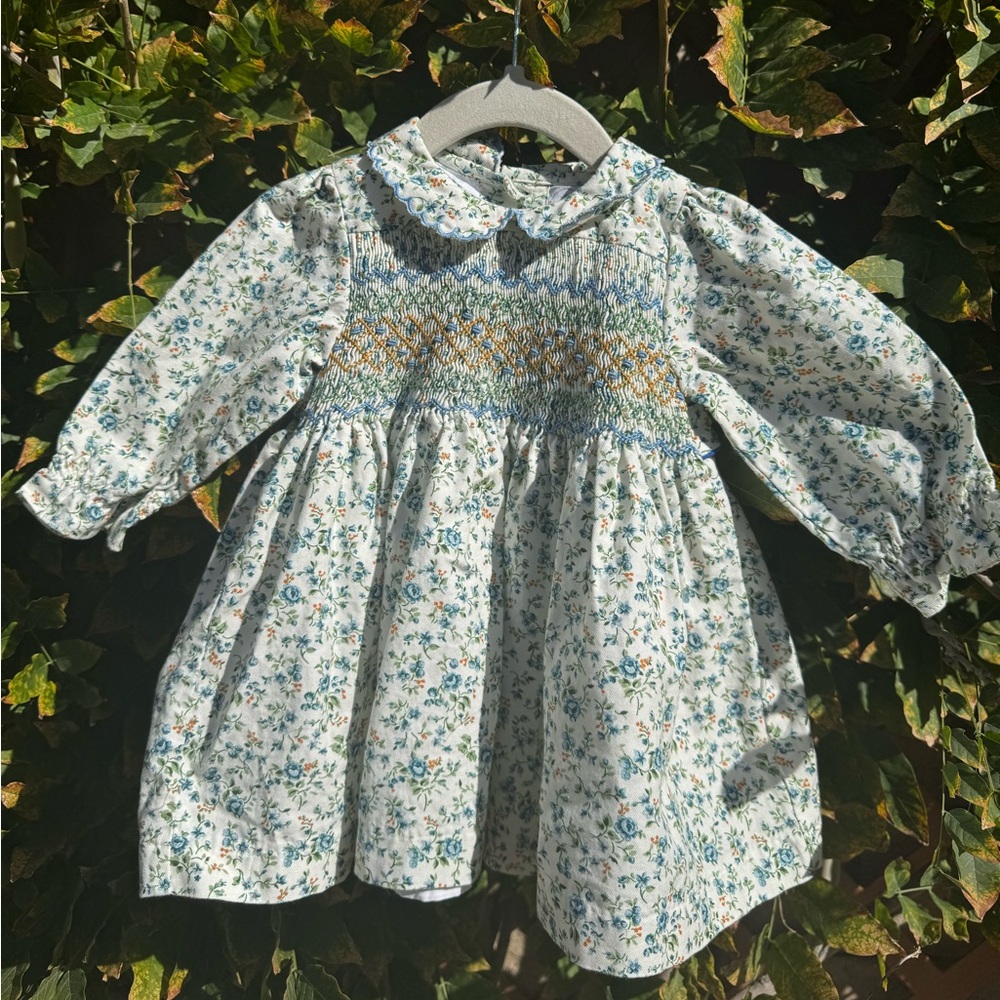 Pepa London Floral Hand-Smocked Long Sleeve Collar Dress, Blue & Mustard